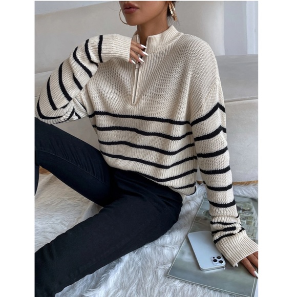 Striped Pullover Zip Collar Sweater Knit - Picture 3 of 8